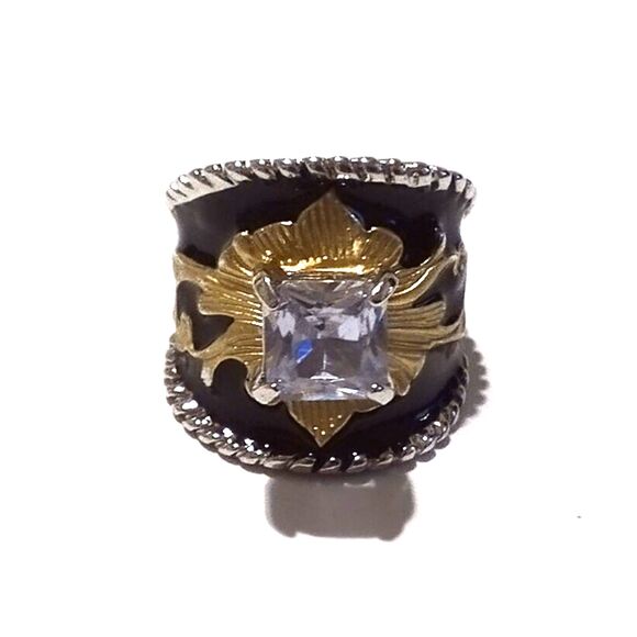 Black Enamel Square Cut Crystal Solitaire Fashion Statement Ring Size 7 3/4 - Picture 1 of 6